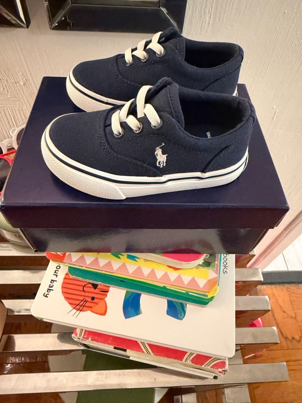 🆕 Polo Ralph Lauren Navy Canvas Kids Sneakers with White Accents Size 5.5 NWOT